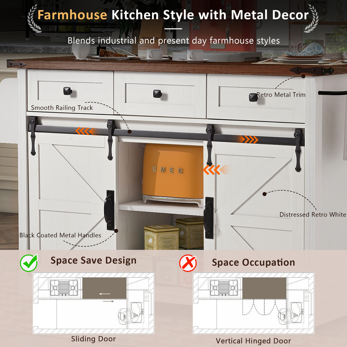 K&K 53.7" Farmhouse Kitchen Island with Power Outlet, 2 Sliding Barn Door Kitchen Storage Island with Drop Leaf – Model N707S170347W