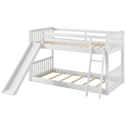 White Twin over Twin Bunk Bed with Convertible Slide and Ladder, Pine Wood, 79.1''L x 42.1''W x 49.4''H