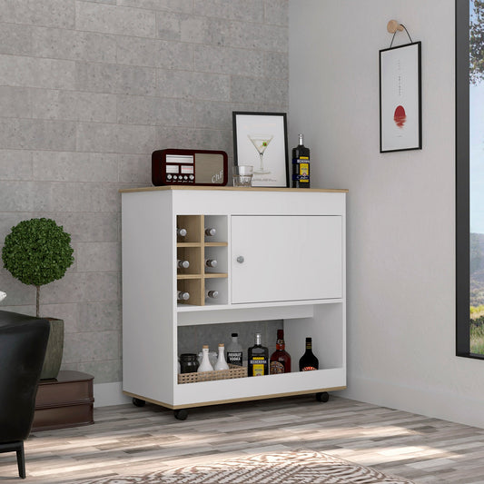 Camelia Bar Cart, Lower Panel, Six Bottle Cubbies, One Cabinet -Light Oak / White