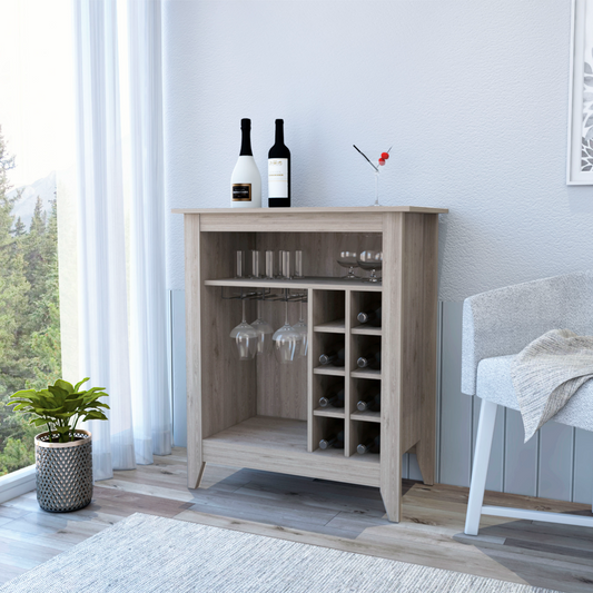 Bar- coffee cart 38" H, Kitchen or living room cabinet storage, with 8 bottle racks, a central shelf with  1 Cup holders, ideal for storing glasses, Light Gray