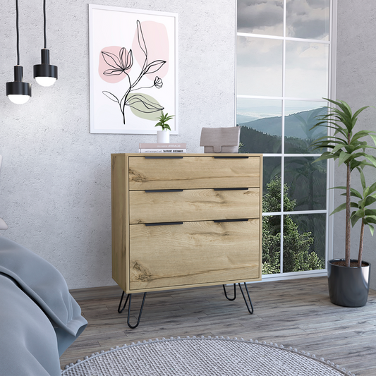 Light Dresser 35"H, Three Drawers, Superior Top, Hairpin Legs, Light Oak