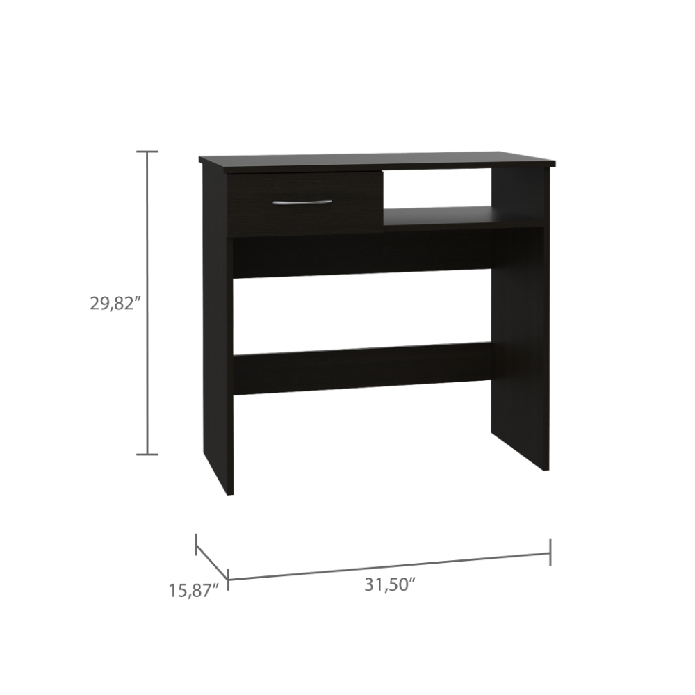 Home Office Set, Two Parts Set, One Drawer, Desktop, Keyboard Tray, Stand, Five Shelves, Black