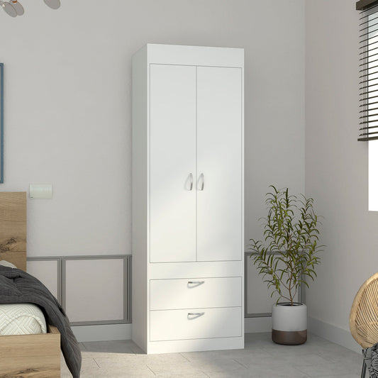 Armoire 70H', Double Door Cabinet, Two Drawers, Metal Handles, Rod, White