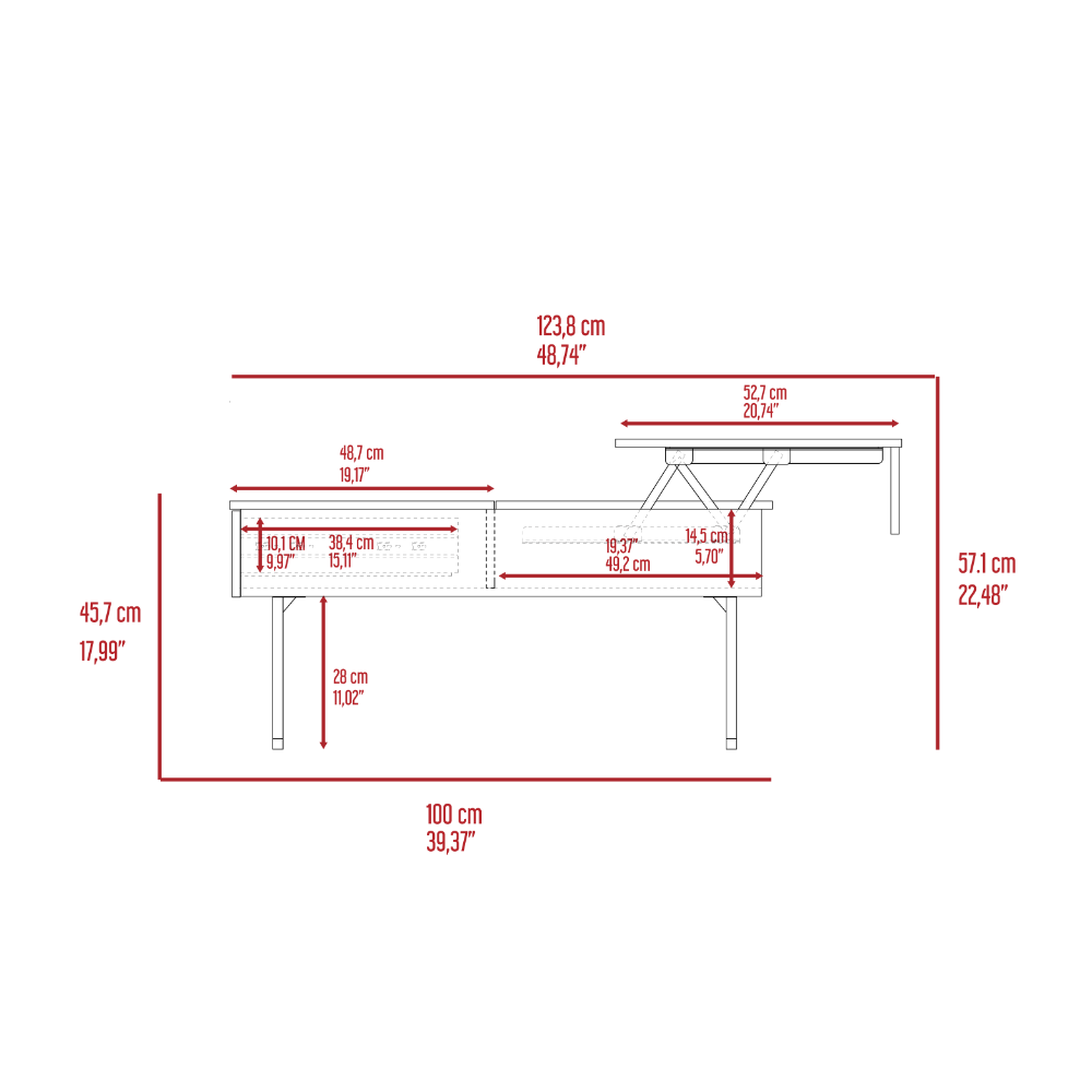 Lift Top Coffee Table, One Drawer, Two Legs, Carbon Espresso / Onyx