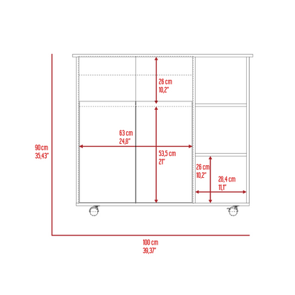 Kitchen Cart 35" H, Four Open Shelves, Double Door Cabinet, Four Casters - Light Oak/White