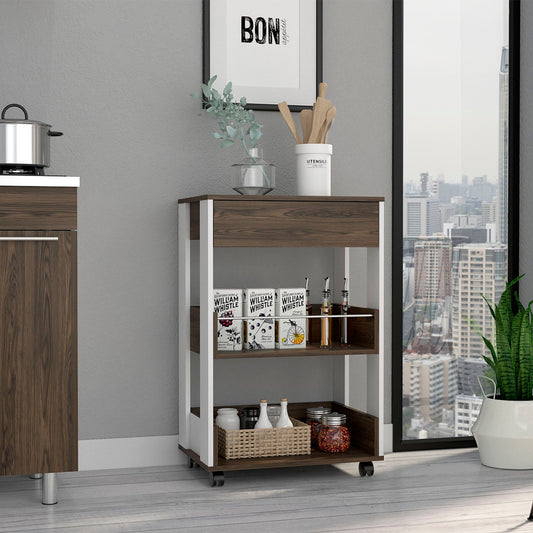 Verona Kitchen Cart, Three Shelves, Four Casters -White / Dark Walnut – Model B07092116