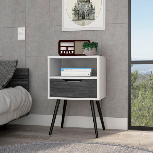 Nightstand 25"H, Superior Top, Four Legs, One Open Shelf, One Drawer, Smokey Oak / White