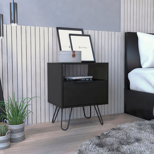 Augusta Nightstand , End Table, Side Table Single Door Cabinet, Hairpin Legs -Black