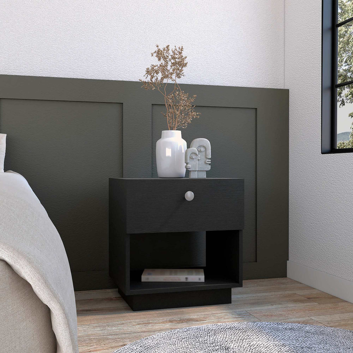 Single Drawer Nightstand 19"H with Open Storage Shelf, Black