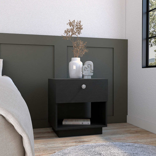 Single Drawer Nightstand 19"H with Open Storage Shelf, Black