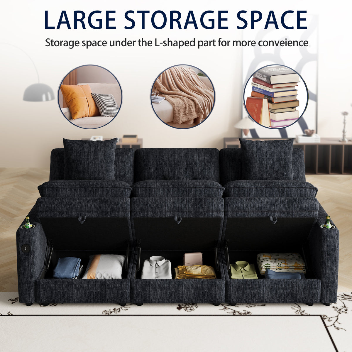 89-inch three-person cloud sofa with storage, armrests featuring hidden tabletop and USB ports, and armrests with storage function. High-quality cashmere three-person sofa. Suitable for living rooms,