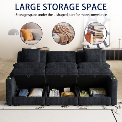 89-inch three-person cloud sofa with storage, armrests featuring hidden tabletop and USB ports, and armrests with storage function. High-quality cashmere three-person sofa. Suitable for living rooms,