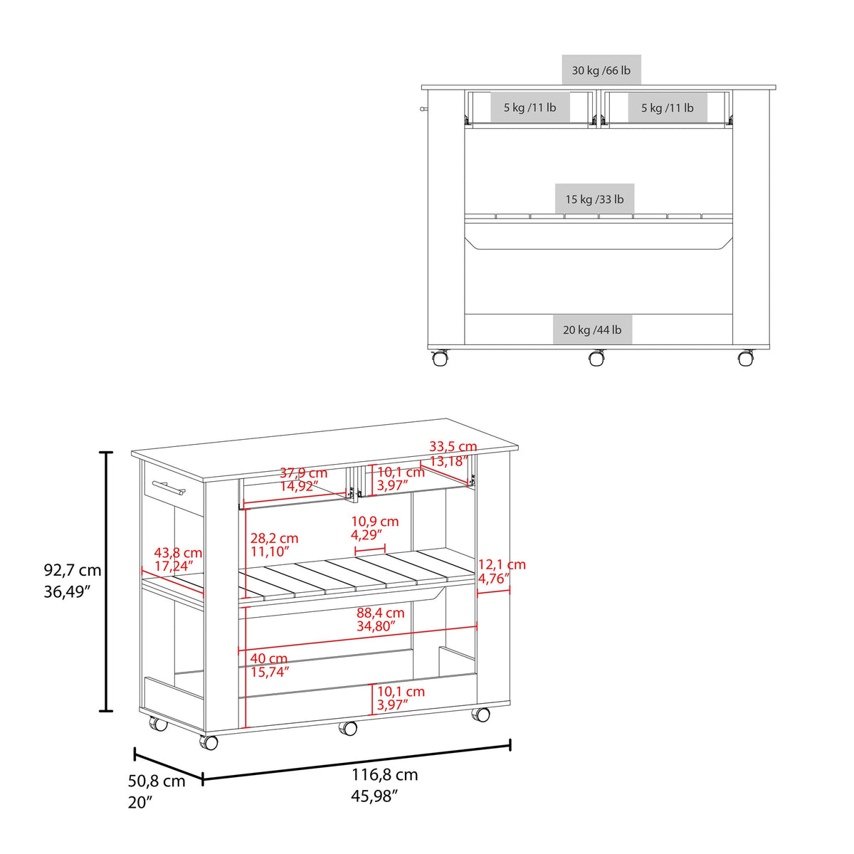 Kitchen island  with Open Storage and 3 Shelves, White