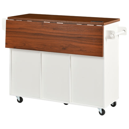 K&K 52" Fluted Kitchen Island with Drop Leaf, Power Outlet, Kitchen Storage Cart with Adjustable Shelves, 2 Doors and 2 Drawers
