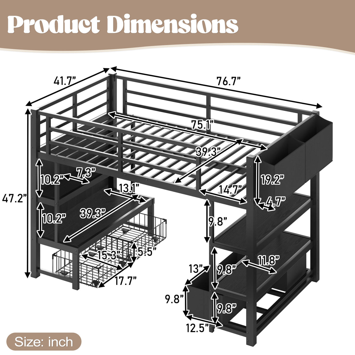 Twin Metal Low Loft Bed for Kids, Low Loft Bed with Storage Drawer, Low Loft Bed with Bookshelf & Storage Bag, Sturdy Low Loft bed Frame with Open Storage Space for Bedroom, Black
