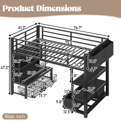 Twin Metal Low Loft Bed for Kids, Low Loft Bed with Storage Drawer, Low Loft Bed with Bookshelf & Storage Bag, Sturdy Low Loft bed Frame with Open Storage Space for Bedroom, Black
