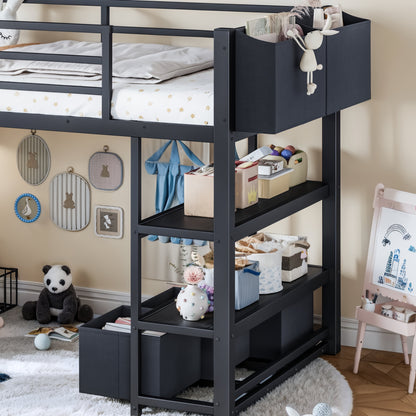 Twin Metal Low Loft Bed for Kids, Low Loft Bed with Storage Drawer, Low Loft Bed with Bookshelf & Storage Bag, Sturdy Low Loft bed Frame with Open Storage Space for Bedroom, Black