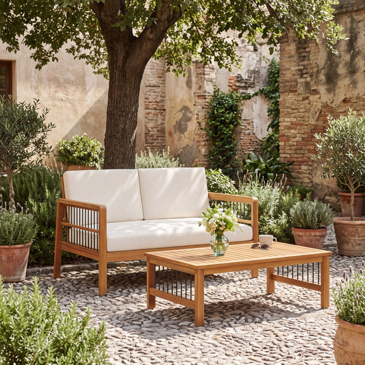 Outdoor Acacia Wood and Iron Loveseat and Coffee Table Set with Cushions, Teak, Black, Beige