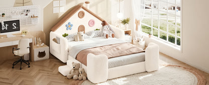 Full House Shaped Upholstered Floor bed, Upholstered Kids bed with Safety Side Rails, Solid Children Bed Frame, Low Floor Playhouse Bed for Nursery & Kids Bedroom.Beige & Natural