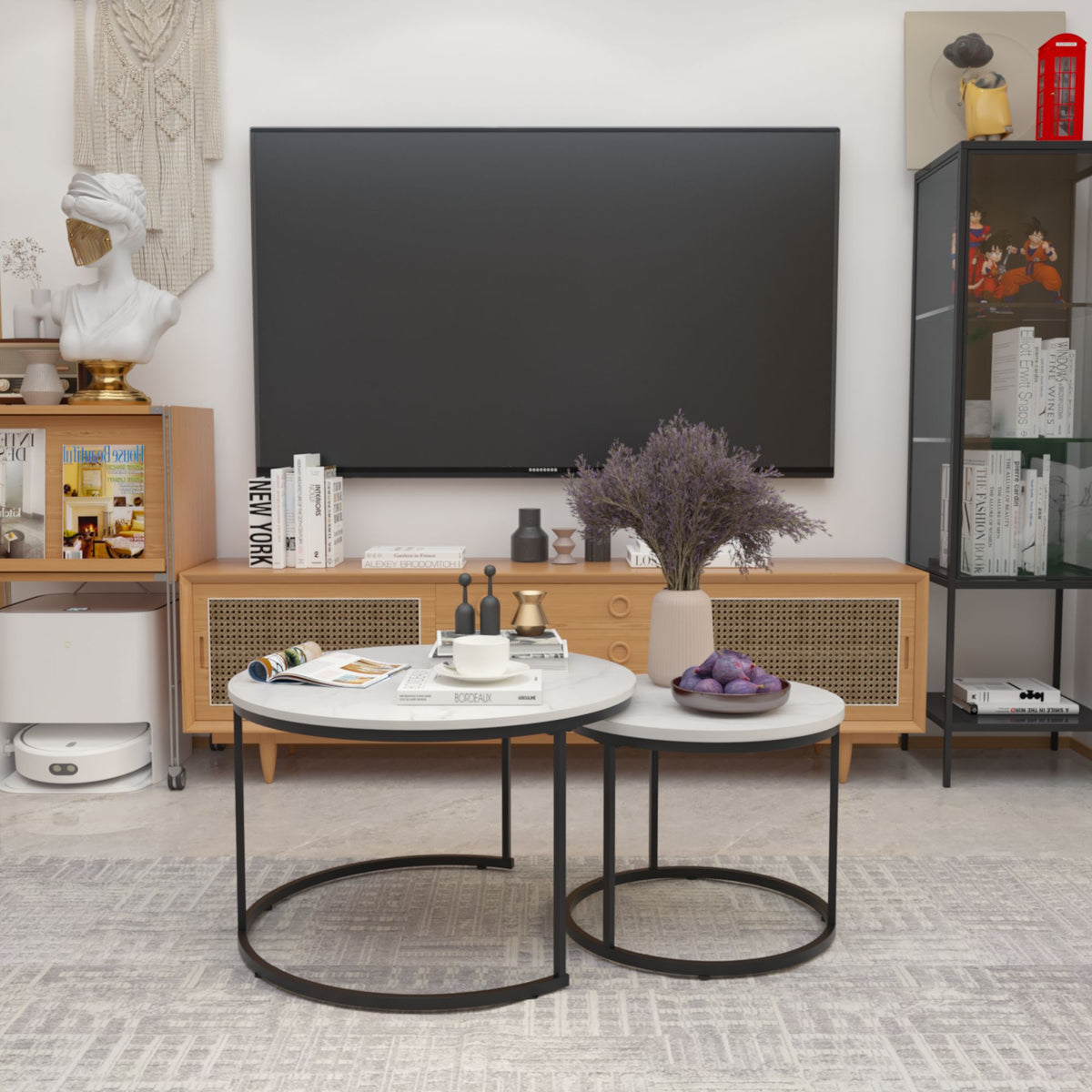 Nesting Coffee Table Set of 2, 27.6inch Round Coffee Table Wood Marble Pattern Top with Sturdy Metal Frame - White