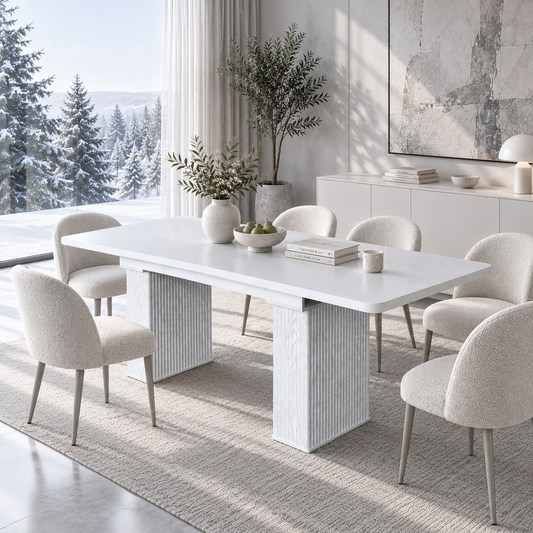 Modern Extendable Dining Table for 4–8, White Wood Grain Kitchen & Dining Room Table with Removable Extension Leaf, Wave Fluted Pedestal Legs, Rounded Corners