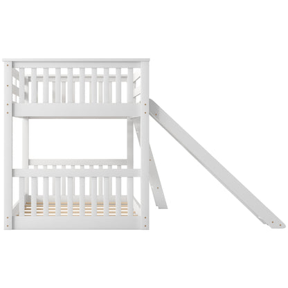 White Twin over Twin Bunk Bed with Convertible Slide and Ladder, Pine Wood, 79.1''L x 42.1''W x 49.4''H