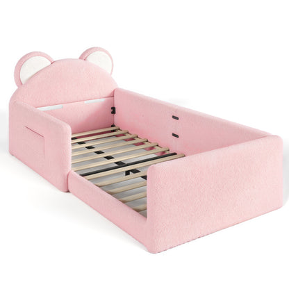 Twin Upholstered Kids Bed, Cute BearShaped Upholstered Floor bed, Children Bed Frame with Removable MagicTape Headboard, Low Floor Bed for Kids,White&Pink