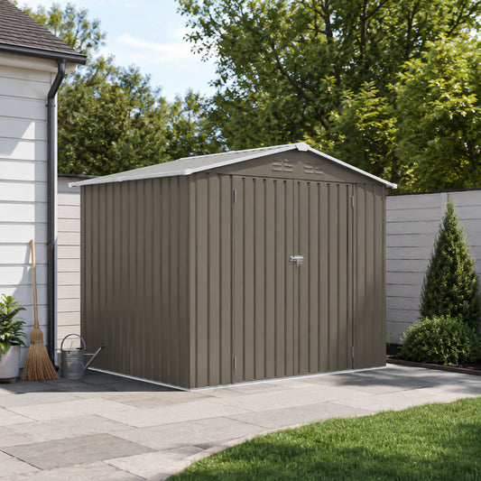 8*6 FTOutdoor Metal Storage Shed, Galvanized Steel Panel Tool House with Lockable Double Door & Built-in Vents for Backyard Garden Equipment Storage Olive Grey(7.84*5.71 FT)