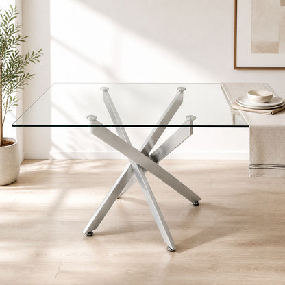 Modern Rectangular Glass Table, 47.24 Inches Of Tempered Glass With A Silver Frame.Kitchen Table Set for Dining Room, Party Table,Conference table,Living Room,Office,Cafe,Home Kitchen,Bedroom