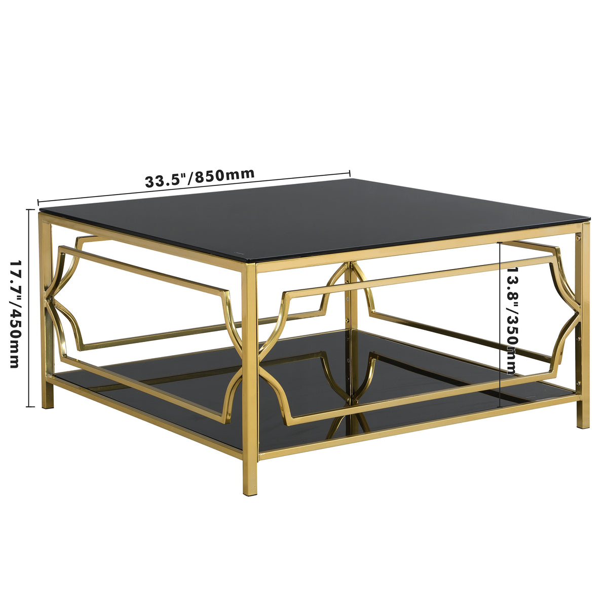 Square Glass Coffee Table in 33.5", Luxurious Geometric Metal Frame, Gold Finish & Lower Shelf