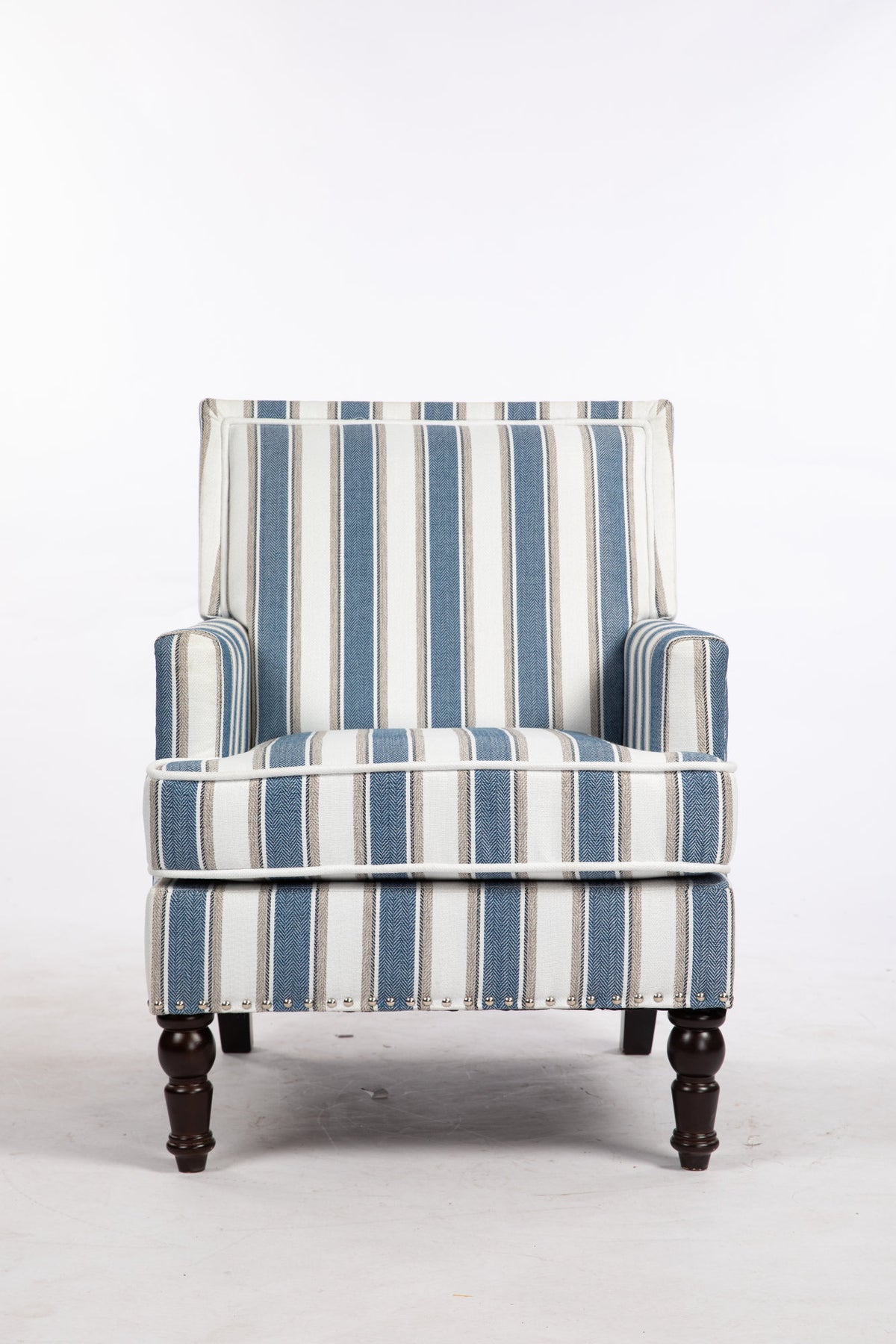 Upholstered Accent Chair, Vintage Armchair with Solid Wood Legs, Blue and White Striped Linen Fabric and Nailhead Trim for Living Room