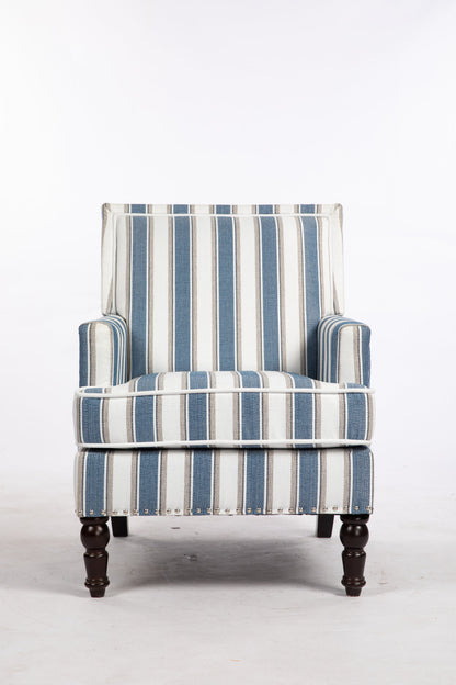 Upholstered Accent Chair, Vintage Armchair with Solid Wood Legs, Blue and White Striped Linen Fabric and Nailhead Trim for Living Room