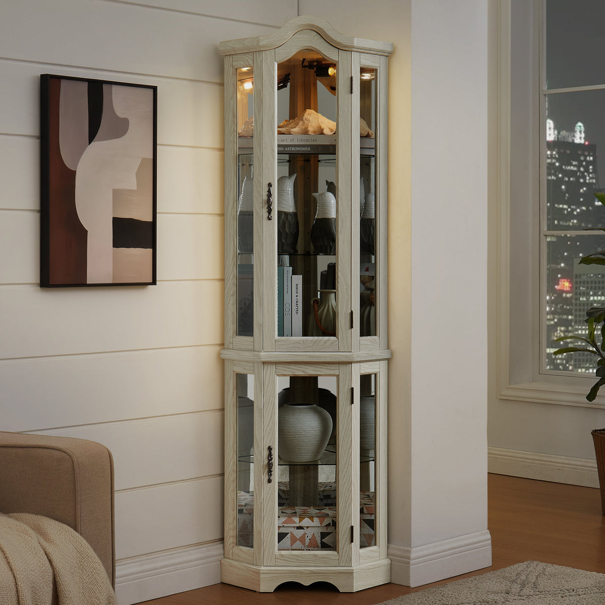 Curio Cabinet Lighted Glass Display Curio Cabinet w/Tempered Glass Doors and Shelves, Crown Corner Cabinet with Bulb, Corner Storage Decoration for Living room and Bedroom WHI
