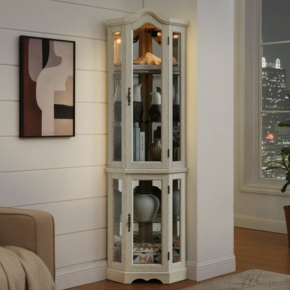 Curio Cabinet Lighted Glass Display Curio Cabinet w/Tempered Glass Doors and Shelves, Crown Corner Cabinet with Bulb, Corner Storage Decoration for Living room and Bedroom WHI