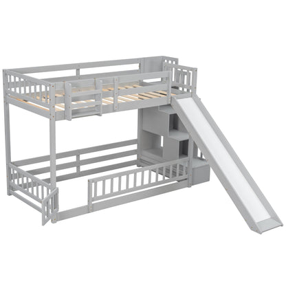 Twin Over twin Bunk Bed with Slide, Storage Staircase, Bedside Storage Rack,LED lights,Pine Solid Wooden Bunk Bed with Safety Guardrails ,Grey