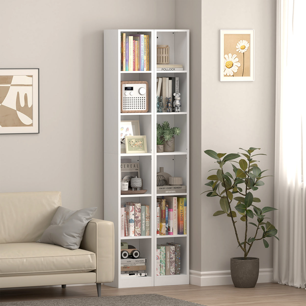 6-Tier Metal Bookshelf, 12.01'W x 10.24'D x 78.35'H Freestanding Open Storage Shelf with Anti-Tip Kit for Books, Files & Décor in Living Room, Bedroom, Home Office, White