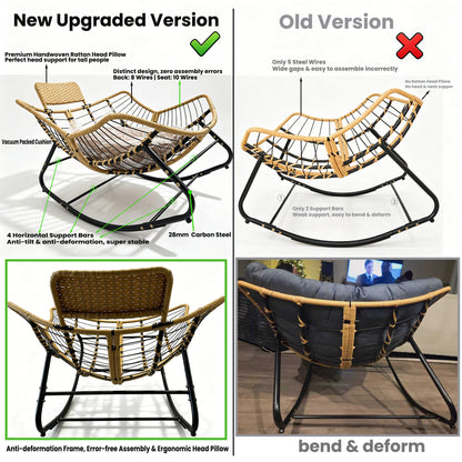 39.37"Papasan Rocking Chair Outdoor, Oversized Patio Egg Chair with Thick Cushion And Handwoven Rattan Head Pillow,Indoor Wicker Lounge Rocker Bed for Balcony, Porch, Garden, Dark Grey