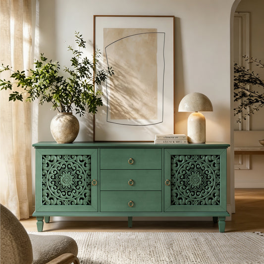 Farmhouse TV Stand with Hollow Carved Doors, Vintage Sideboard Buffet Storage Cabinet with 3 Drawers & Adjustable Shelves, Retro Freestanding Console Table for Living Room Dining Room Entryway