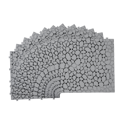 12 x 12 Inch Gray Interlocking Deck Tiles Plastic Waterproof Outdoor All Weather Anti-slip Bathroom Shower Balcony Porch Strong Weight Capacity Upto 440 LBS, Pebble Stone Pattern Pack of 12