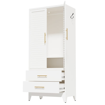 White Metal Wardrobe Closet with 2 Doors and Drawers, 71″ Tall Storage Cabinet, Lightweight Portable Closet for Small Apartments, Renters