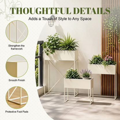 3‑Pack Pre‑Assembled Beige Metal Elevated Planter Stand with Non‑Woven Liner, UV‑Resistant Rectangular Raised Herb Flower Planter Box for Patio Balcony Indoor Outdoor