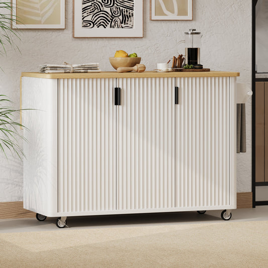 K&K 51" Fluted Kitchen Island with Drop Leaf, Farmhouse Accent Kitchen Island on Wheels with Internal Storage Rack