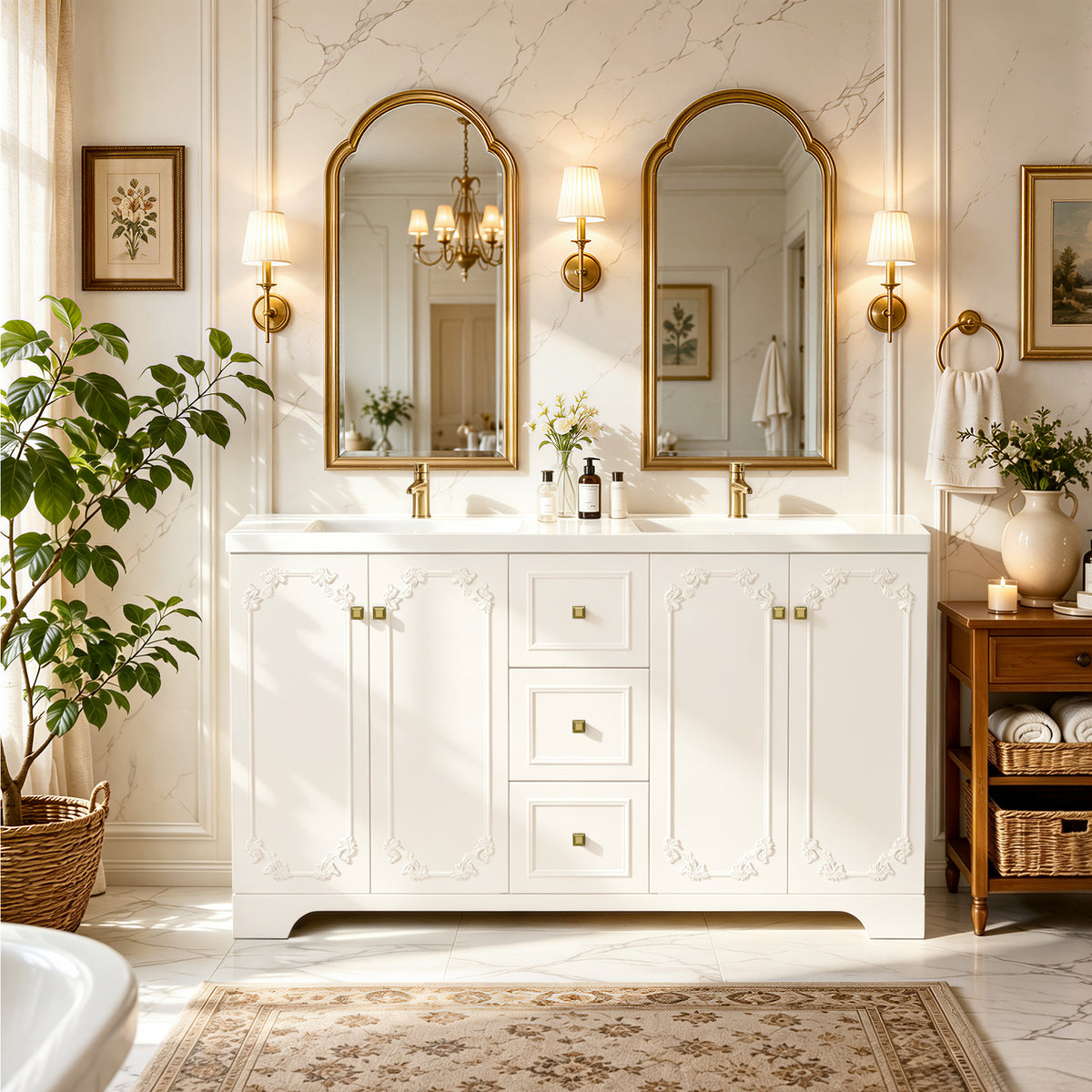 60' White French-style carved bathroom cabinet , Abundant Storage Cabinet -4 Soft close doors and 3 drawers