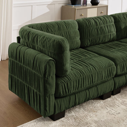 2 Seat Ruched Detailing Chenille Modular Sectional Sofa,Movable 2 Ottomans,High-Density Foam,L Shape Thickened  Back Cushions,Easy Assembly,For Living Room,Bedroom,Green