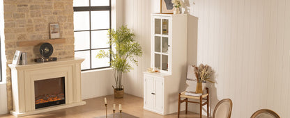 75.25'' Tall Freestanding Pantry Cabinet with Glass Door & Lattice Window, Farmhouse Display Cabinets with Storage, Hutch with Double-Action LH&RH Door, for Hallways, Livingroom Kitchen & Office,White