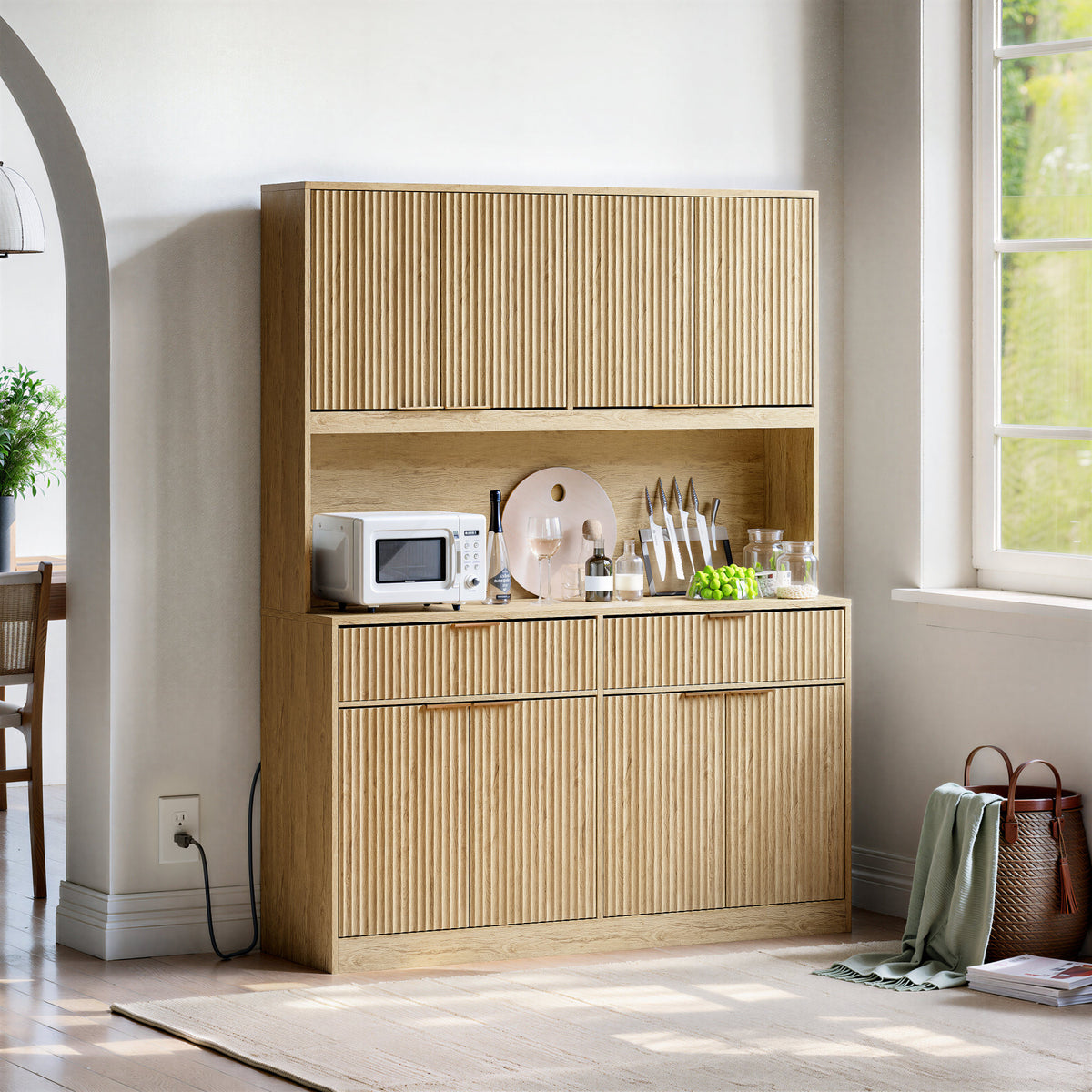 71" Tall Kitchen Pantry Cabinet with Power Outlet, Hollow Open Countertop, Modern Multi-Functional Storage Hutch Cabinet for Dining Room, Entryway and Living Room,Natural
