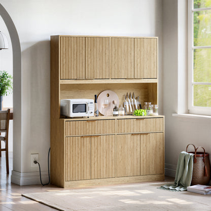 71" Tall Kitchen Pantry Cabinet with Power Outlet, Hollow Open Countertop, Modern Multi-Functional Storage Hutch Cabinet for Dining Room, Entryway and Living Room,Natural