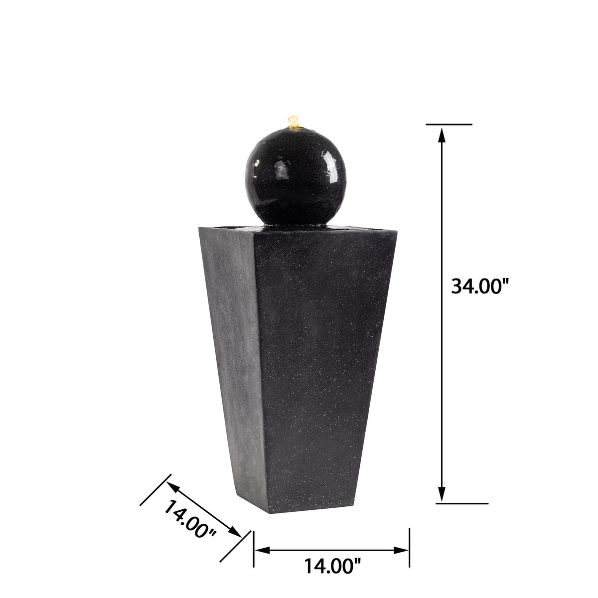 Floor‑Standing Water Fountain, Black Speckled Trapezoid Base Fountain with Smooth Sphere, Warm LED Light for Garden, Patio, Backyard Decor 14''×14''×34''