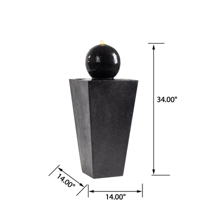 Floor‑Standing Water Fountain, Black Speckled Trapezoid Base Fountain with Smooth Sphere, Warm LED Light for Garden, Patio, Backyard Decor 14''×14''×34''