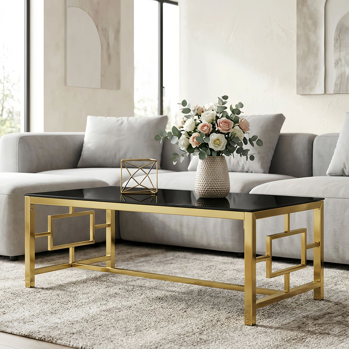 Rectangular Gold Coffee Table, Modern Tempered Glass Top Coffee Table with Interlocking Geometric Metal Frame, Luxury Glam Center Table for Living Room, 47.2'